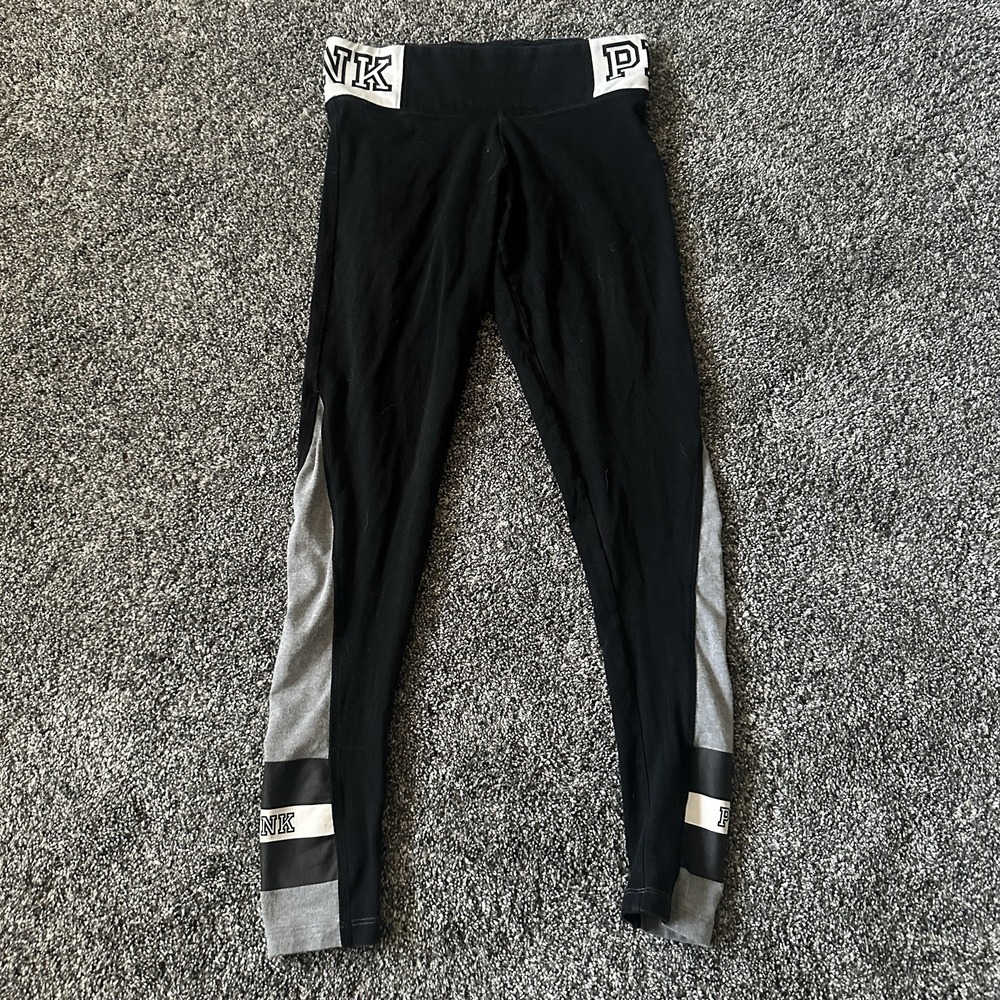 Y2K Victoria's Secret PINK Low Rise‎ Yoga Leggings XS Black Gray Logo Waistband